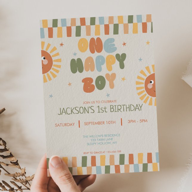 One Happy Boy Boho Sun 1st Birthday Invitation (Creator Uploaded)