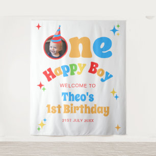 One Happy Boy Colourful 1st Birthday Photo Backdro Tapestry