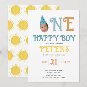 One Happy Boy Face Photo Invite 1st Birthday Boho