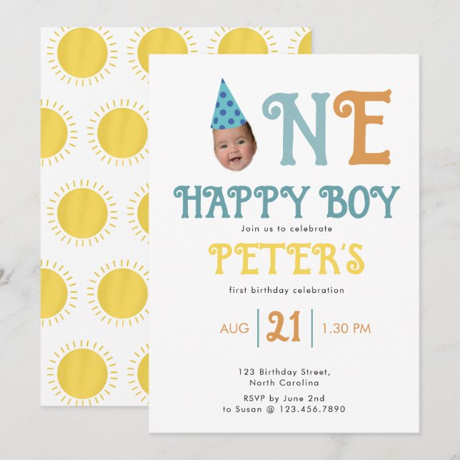 One Happy Boy Face Photo Invite 1st Birthday Boho (Front/Back)