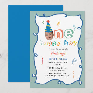 One Happy Boy First Birthday Fun 1st Face Photo Invitation