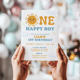 ONE Happy Boy First Birthday Invitation, Sun theme Invitation