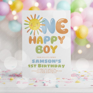 One Happy Boy Sun 1st Birthday Blue Invitation