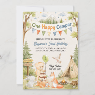 One Happy Camper 1st Birthday Boy Bear Woodland  Invitation