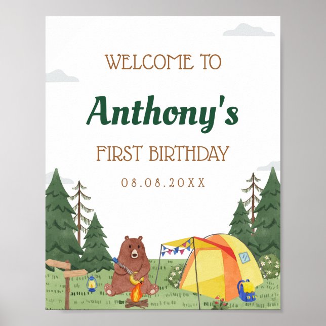 One Happy Camper 1st Birthday Camping Welcome Poster (Front)