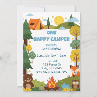One Happy Camper, Animals 1st Birthday Invitation