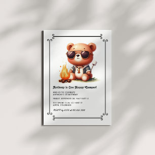 "One Happy Camper" Bear 1st Birthday Boy Camping Invitation