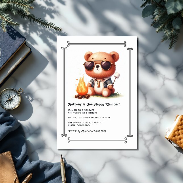 "One Happy Camper" Bear 1st Birthday Boy Camping Invitation ("One Happy Camper" Bear 1st Birthday Boy Camping Invitation)
