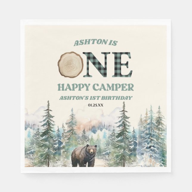 ONE Happy Camper Bear 1st Birthday Party Napkin (Front)