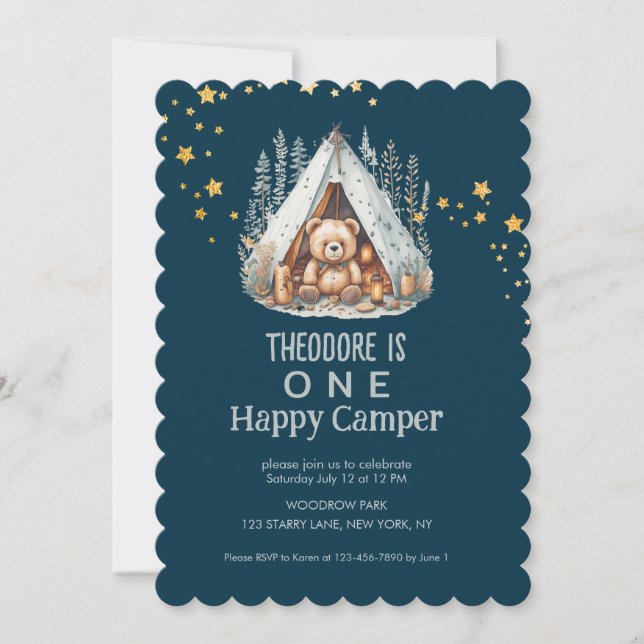 One Happy Camper Bear Birthday  Invitation (Front)