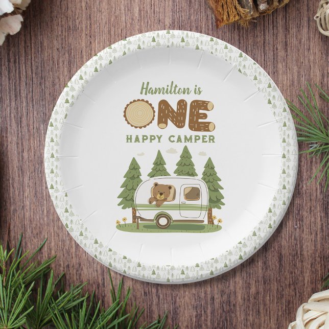 One Happy Camper Bear Birthday Paper Plate (Creator Uploaded)