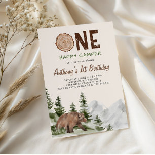 One Happy Camper Bear First Birthday Boy Invitation