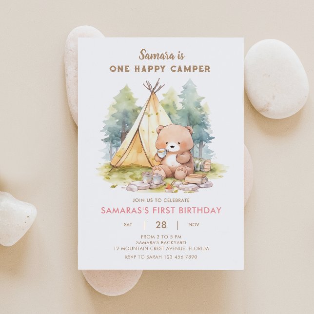 One Happy Camper Bear Girl Birthday Invitation  (Creator Uploaded)