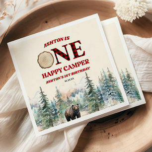 ONE Happy Camper Bear Red 1st Birthday Party Napkin