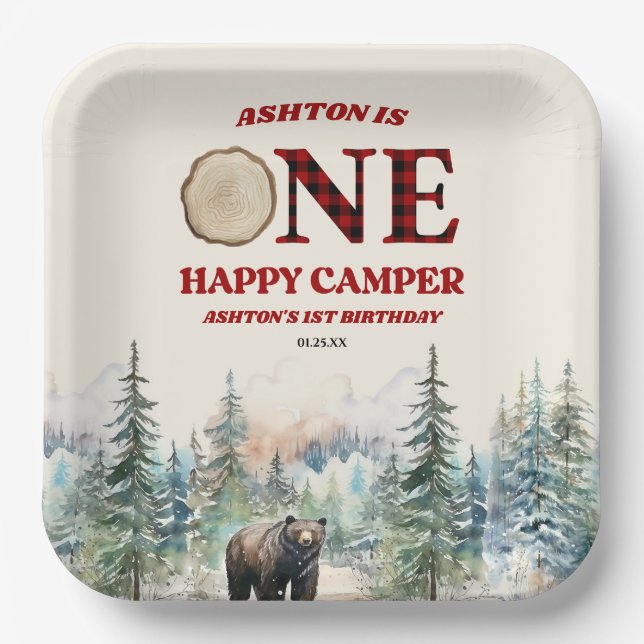 ONE Happy Camper Bear Red 1st Birthday Party Paper Plate (Front)