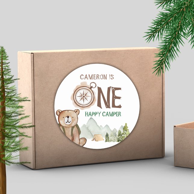 One Happy Camper Bear Woodland 1st Birthday  Classic Round Sticker (Creator Uploaded)