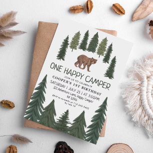 One Happy Camper Bear Woodland 1st Birthday Invitation