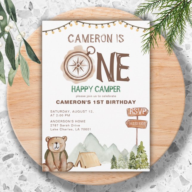 One Happy Camper Bear Woodland 1st Birthday  Invitation (Creator Uploaded)