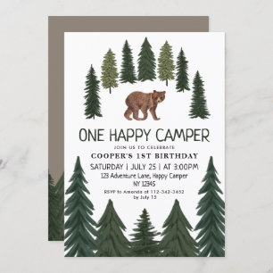 One Happy Camper Bear Woodland 1st Birthday  Invitation