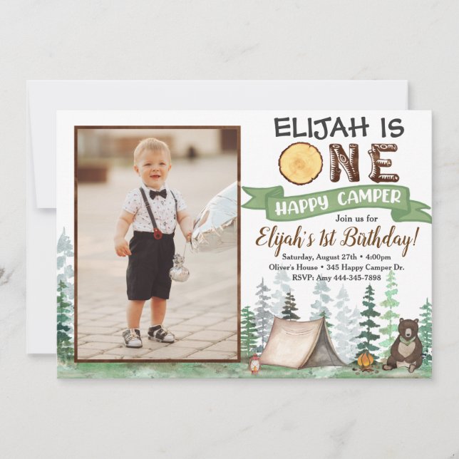 One Happy Camper Birthday Invitation 1st Birthday (Front)