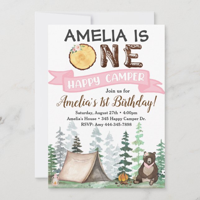 One Happy Camper Birthday Invitation 1st Birthday (Front)