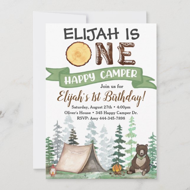 One Happy Camper Birthday Invitation 1st Birthday (Front)