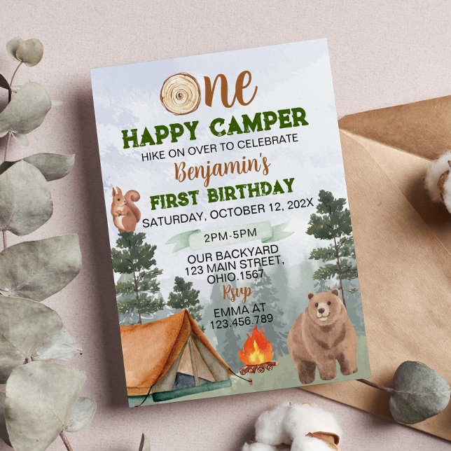 One Happy Camper Birthday Invitation Woodland Bear (Creator Uploaded)