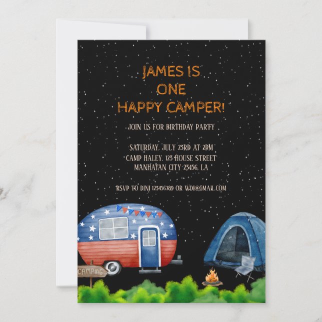 One Happy Camper Birthday Kids Night Sky Invitation (Front)