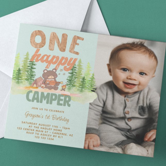 One Happy Camper Boy Photo 1st Birthday Invitation (Creator Uploaded)