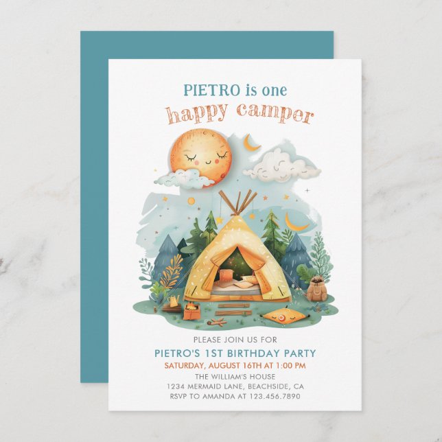 One Happy Camper Boys 1st Birthday Invitation (Front/Back)