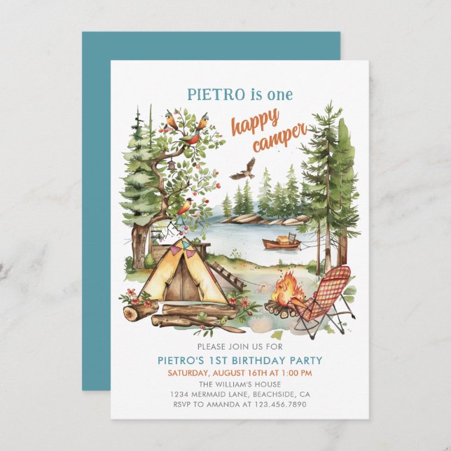 One Happy Camper Boys 1st Birthday Invitation (Front/Back)