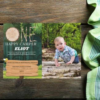 One Happy Camper Boy's 1st Birthday Photo Invitation