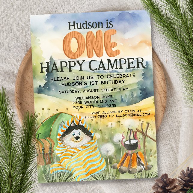 One Happy Camper Boys 1st First Birthday Cute Dog Invitation (Creator Uploaded)