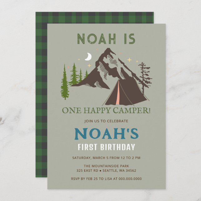 One Happy Camper Boys First Birthday Invitation (Front/Back)