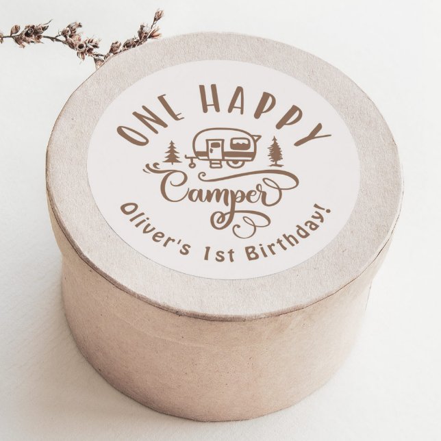 One Happy Camper brown minimalist 1st birthday Classic Round Sticker (Creator Uploaded)