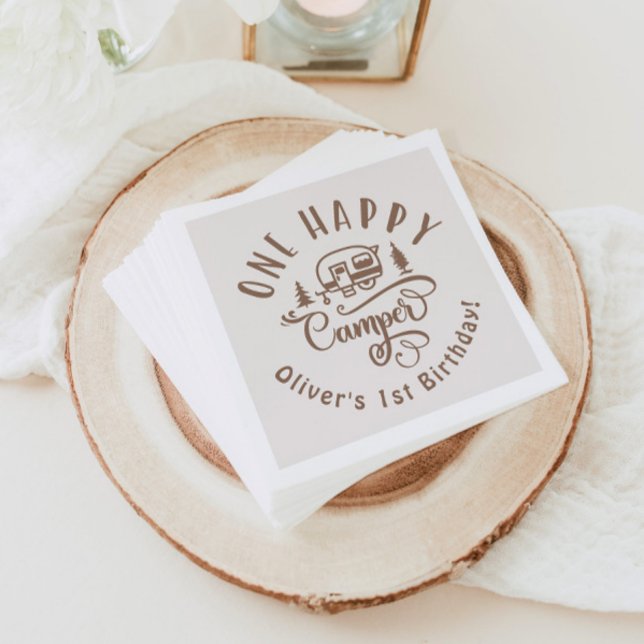 One Happy Camper brown minimalist 1st birthday Napkin (Creator Uploaded)