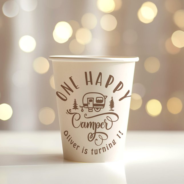 One Happy Camper brown minimalist 1st birthday Paper Cups (Creator Uploaded)