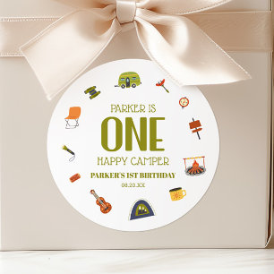One Happy Camper Camping 1st First Birthday Party Classic Round Sticker