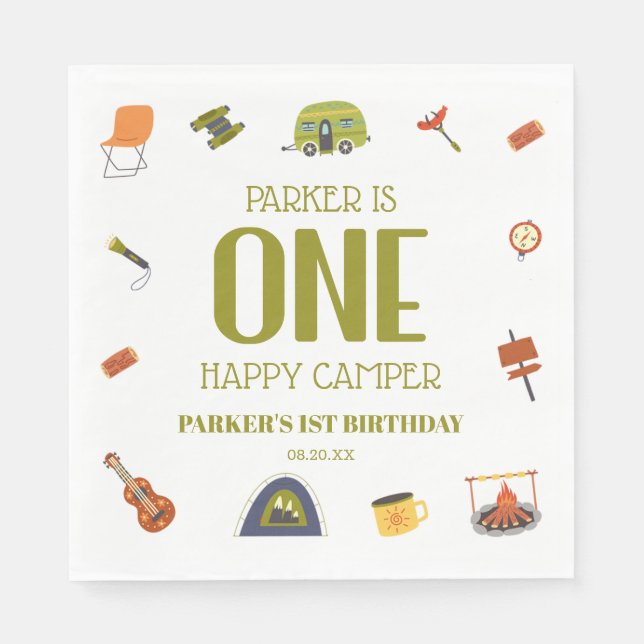 One Happy Camper Camping 1st First Birthday Party Napkin (Front)