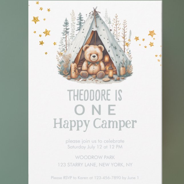 One Happy Camper Cute Woodland Bear Birthday Invit Invitation (Creator Uploaded)