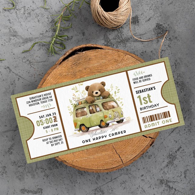 One Happy Camper First Birthday ticket Invitation (Creator Uploaded)