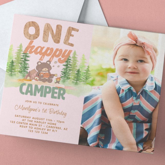One Happy Camper Girl Photo 1st Birthday Invitation (Creator Uploaded)