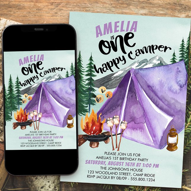 One Happy Camper Girls 1st Birthday Invitation (Creator Uploaded)