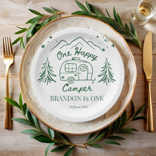 One happy camper green hand drawn birthday party paper plate