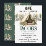 One Happy Camper Kids Birthday  Invitation<br><div class="desc">Fun neutral themed camping birthday kids party. Available as a digital download printable.
Great for any season. Let's build something fun for your little one on their birthday! Custom,  personalised,  editable electronic download
watercolor tent,  trees,  woodland,  compass,  adventure begins,  happy camper</div>