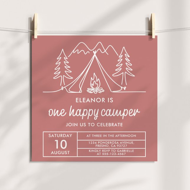 One Happy Camper Minimalist Dusty Pink Doodle Invitation (Creator Uploaded)