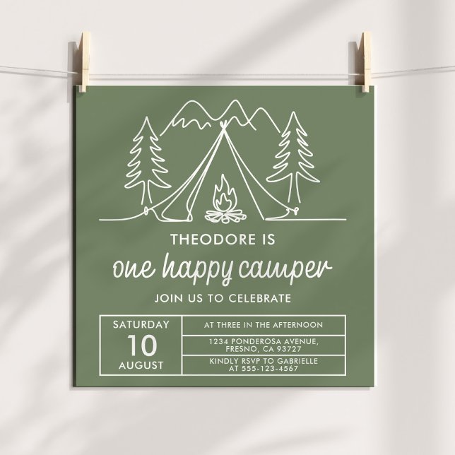 One Happy Camper Minimalist Sage Green Doodle Invitation (Creator Uploaded)