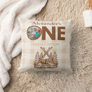 One Happy Camper Mountain Forest 1st Birthday Cushion