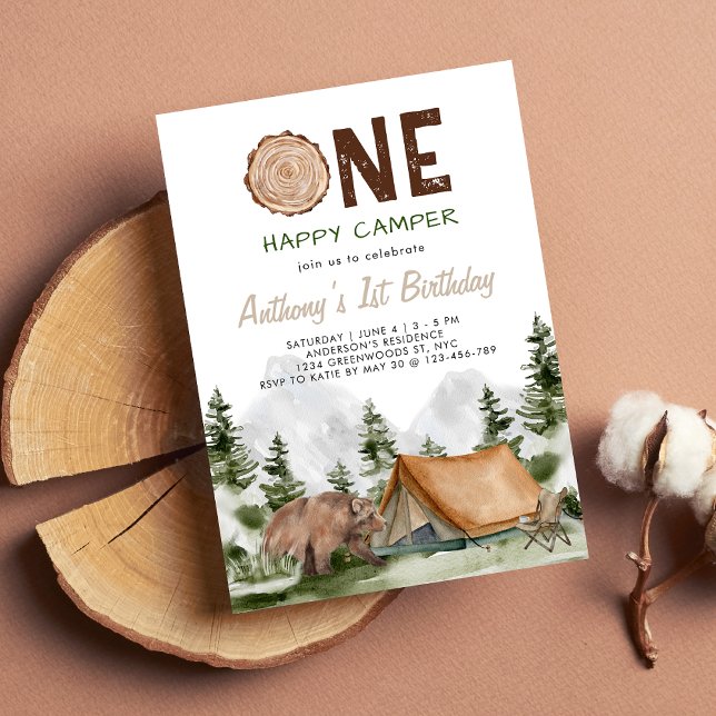 One Happy Camper Mountain Forest Bear 1st Birthday Invitation (Creator Uploaded)
