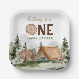 One Happy Camper Mountain Forest Bear 1st Birthday Paper Plate